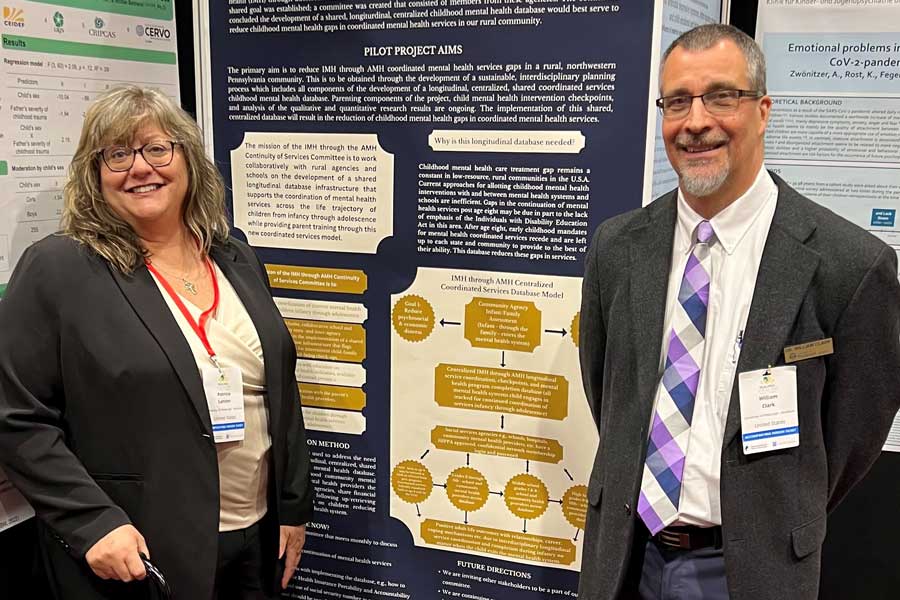 Measuring what we think cover, two professors standing in front of a display board