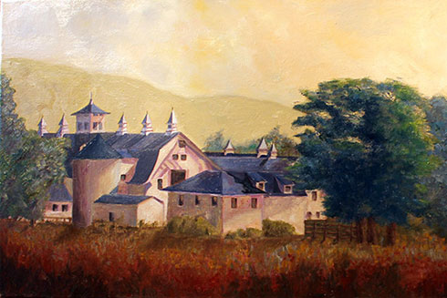 Painting of large white barn and out buildings