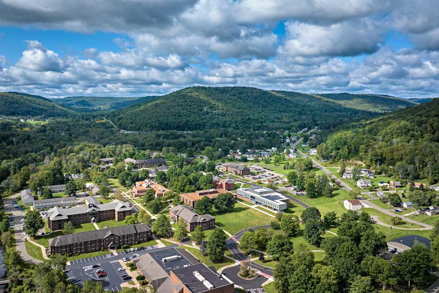 Aerial view of Pitt-Bradford on a sunny day