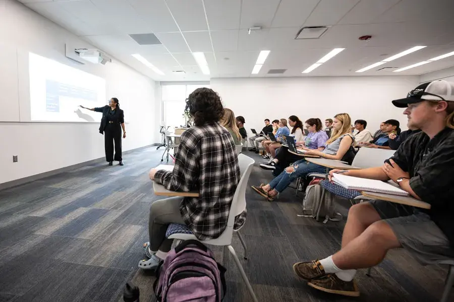 Students learning in class with professor at the front of the room