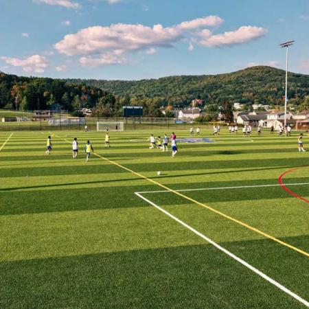 Students playing soccer at the University of Pittsburgh at Bradford